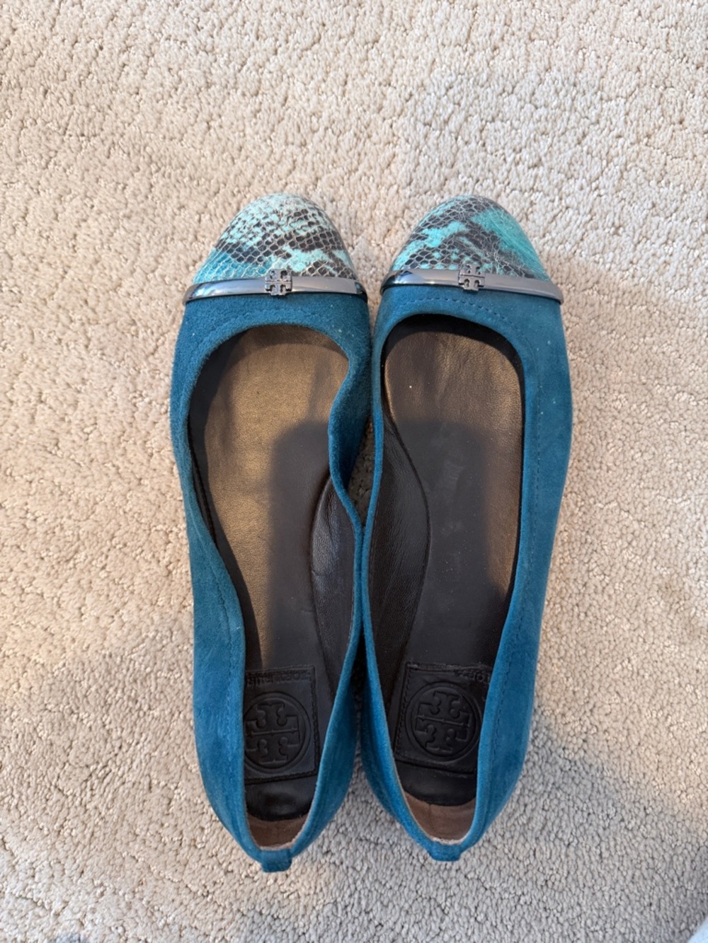 Tory Burch Teal Suede Flats with Snakeskin Toe